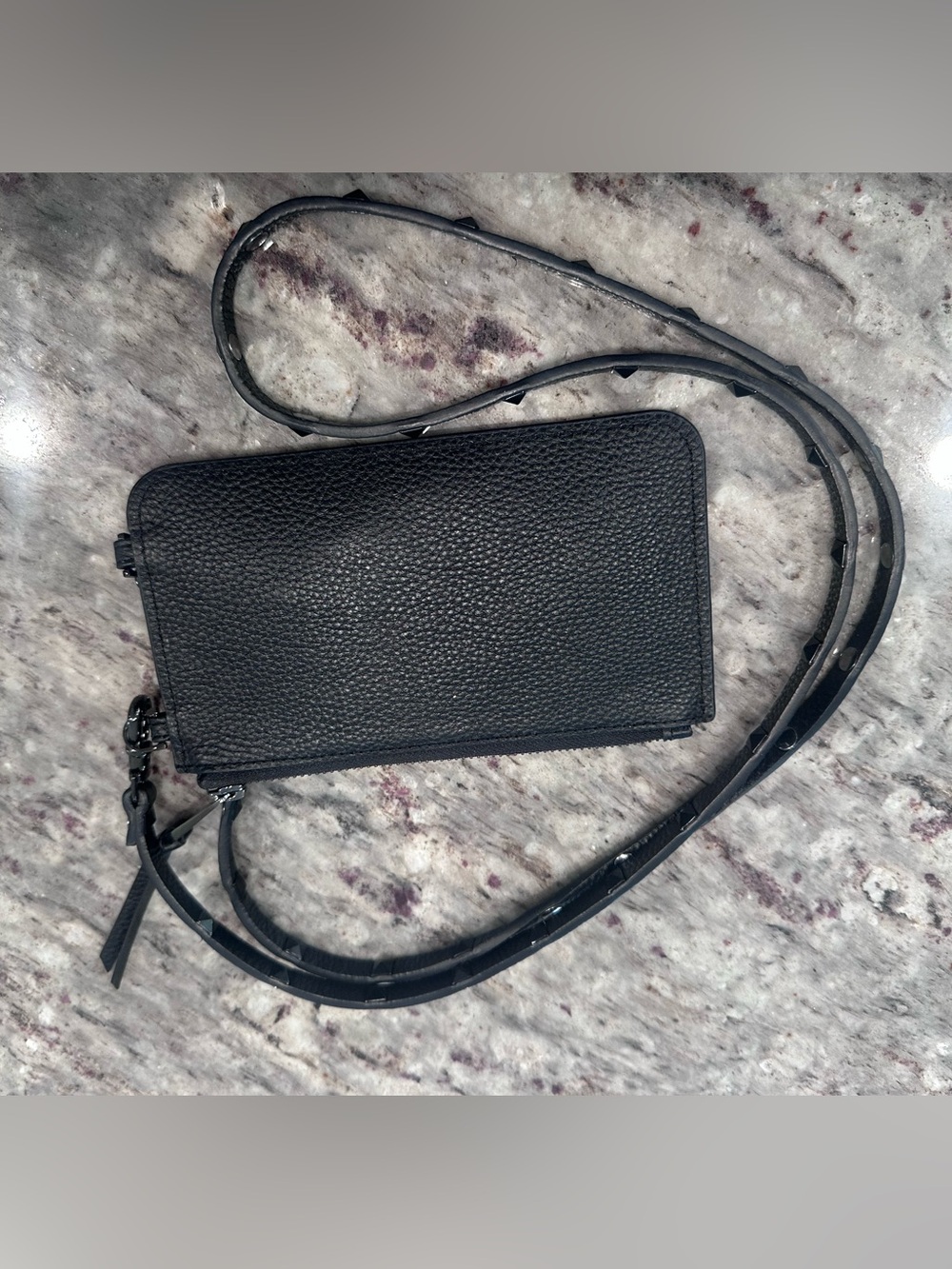Bandolier Black Pebbled Leather Crossbody Wallet with Stud Strap - Picture 2 of 4